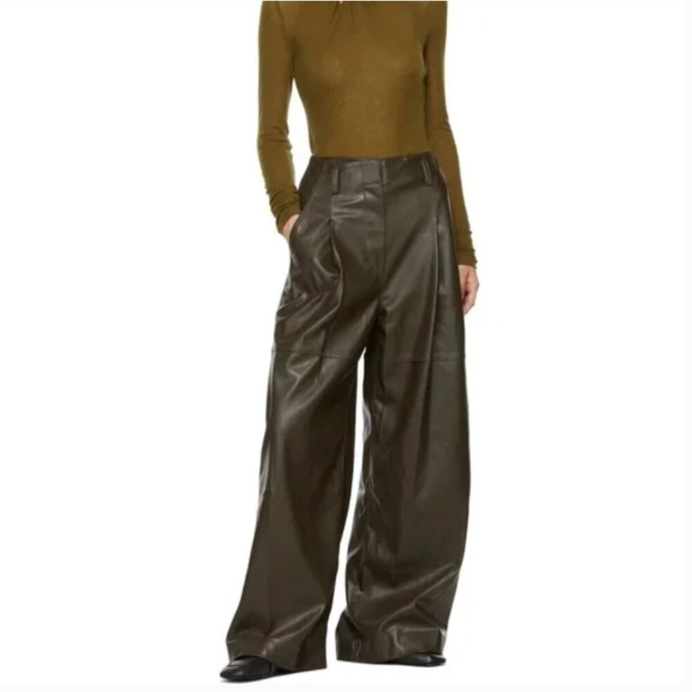 Lvir IVORY CREWAM Wide Leg Faux Vegan Leather Trousers Hi-Rise S